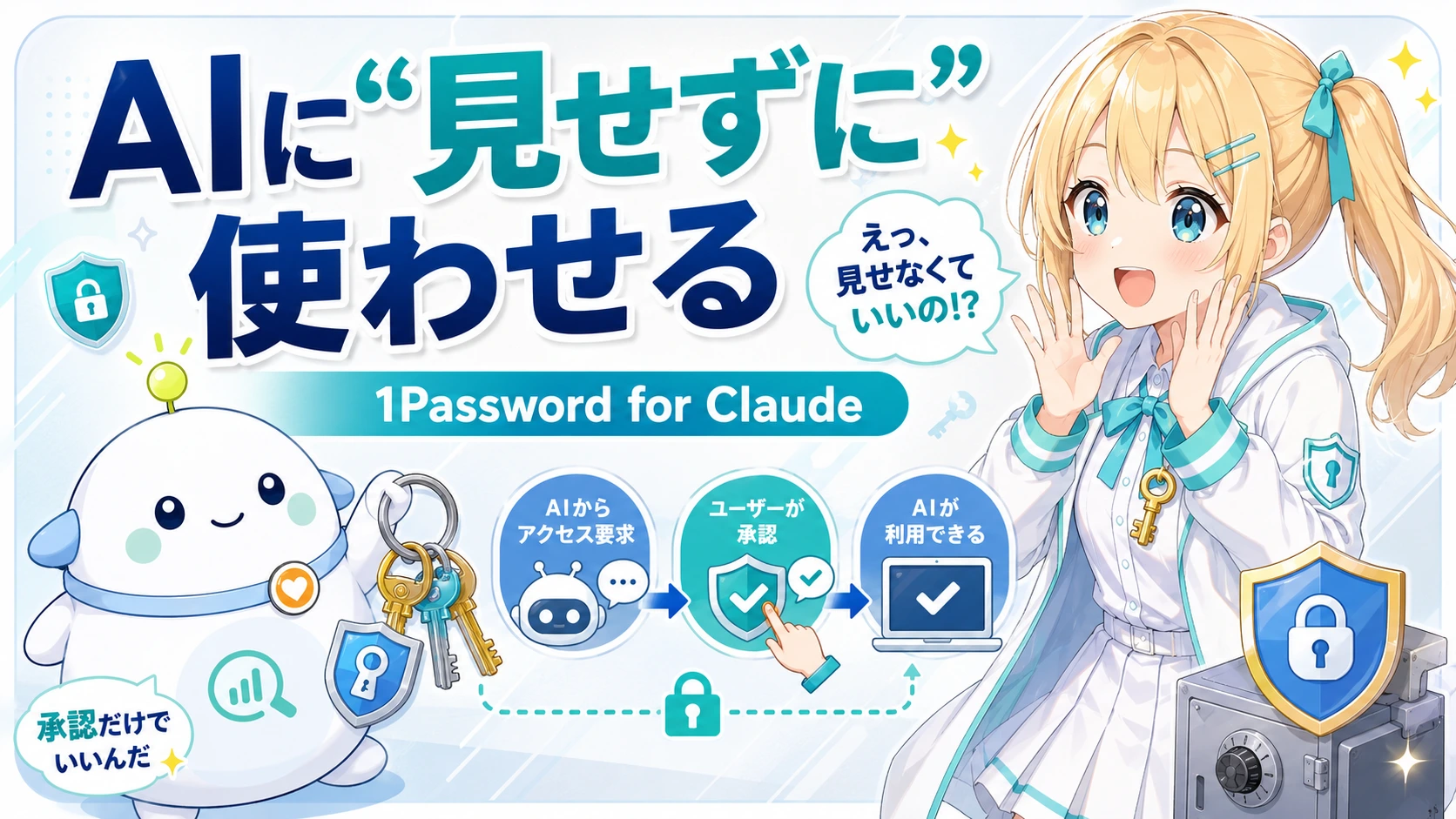 「AIに“見せずに”使わせる」のサムネイル。鍵と盾・金庫のモチーフで、白い卵型のらぼまるが鍵束と盾を持つ金庫番、金髪サイドテールのひまりが「見せなくていいの!?」と明るく驚く。AIがアクセス要求→ユーザーが承認→安全に使われる、の承認フロー図つき。文字は『AIに“見せずに”使わせる』『1Password for Claude』