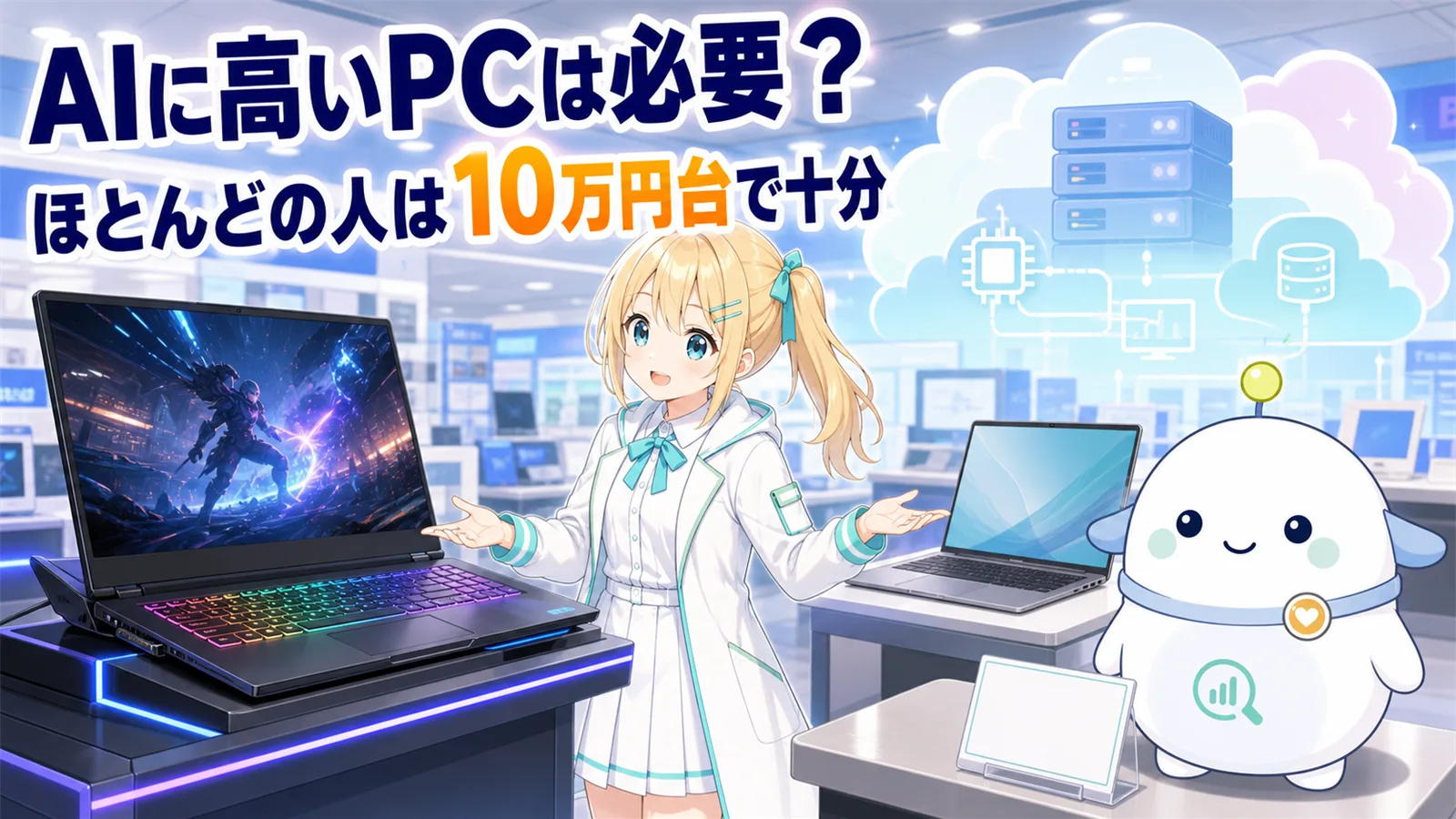 AIを使うのに高いPCは必要かをテーマに、ひまりがクラウド型の軽いノートPCとローカル型の大型GPU搭載PCを見比べ、らぼまるがほとんどの人は10万円台で十分と案内する図解