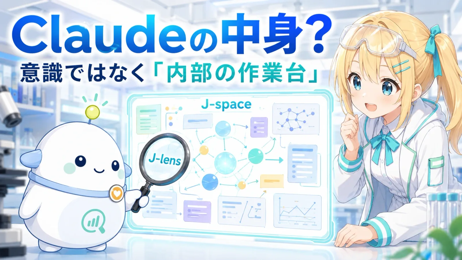 「Claudeの中身？意識ではなく『内部の作業台』」のサムネイル。白衣とラボゴーグル姿のひまりが、J-spaceと書かれた光るホワイトボードをわくわく覗き込み、らぼまるがJ-lensとラベルの付いた虫めがねで概念を観察する研究シーン