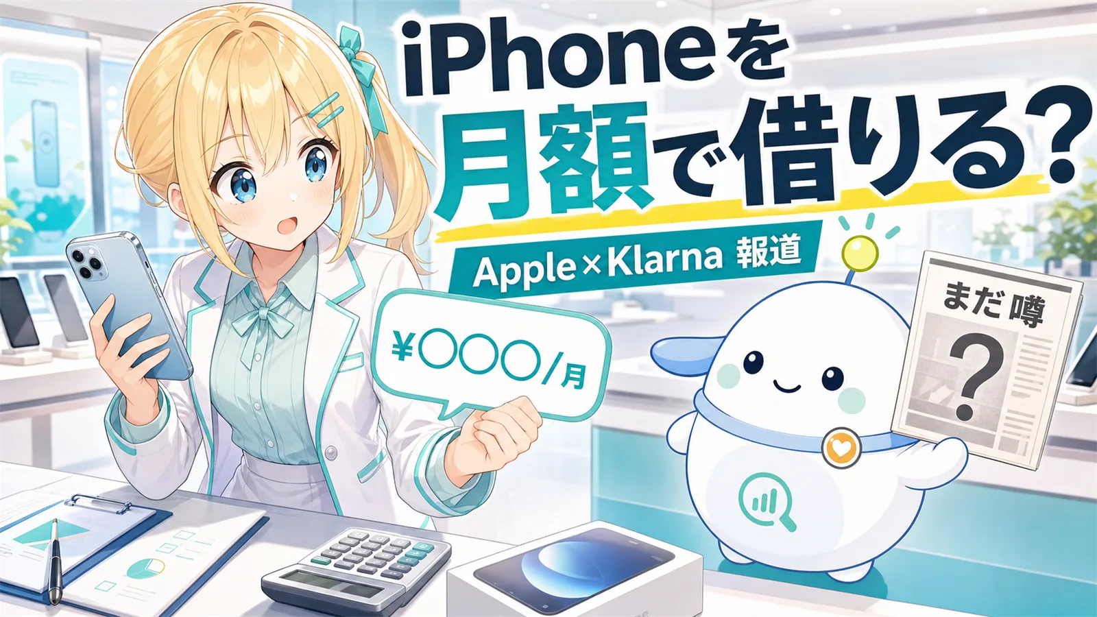 「iPhoneを月額で借りる？」のサムネイル。ひまりがiPhoneと『¥〇〇〇/月』の月額吹き出しを見比べ、らぼまるが『まだ噂』と新聞アイコンを掲げて、Apple×Klarnaの報道が公式発表前であることを示すイラスト