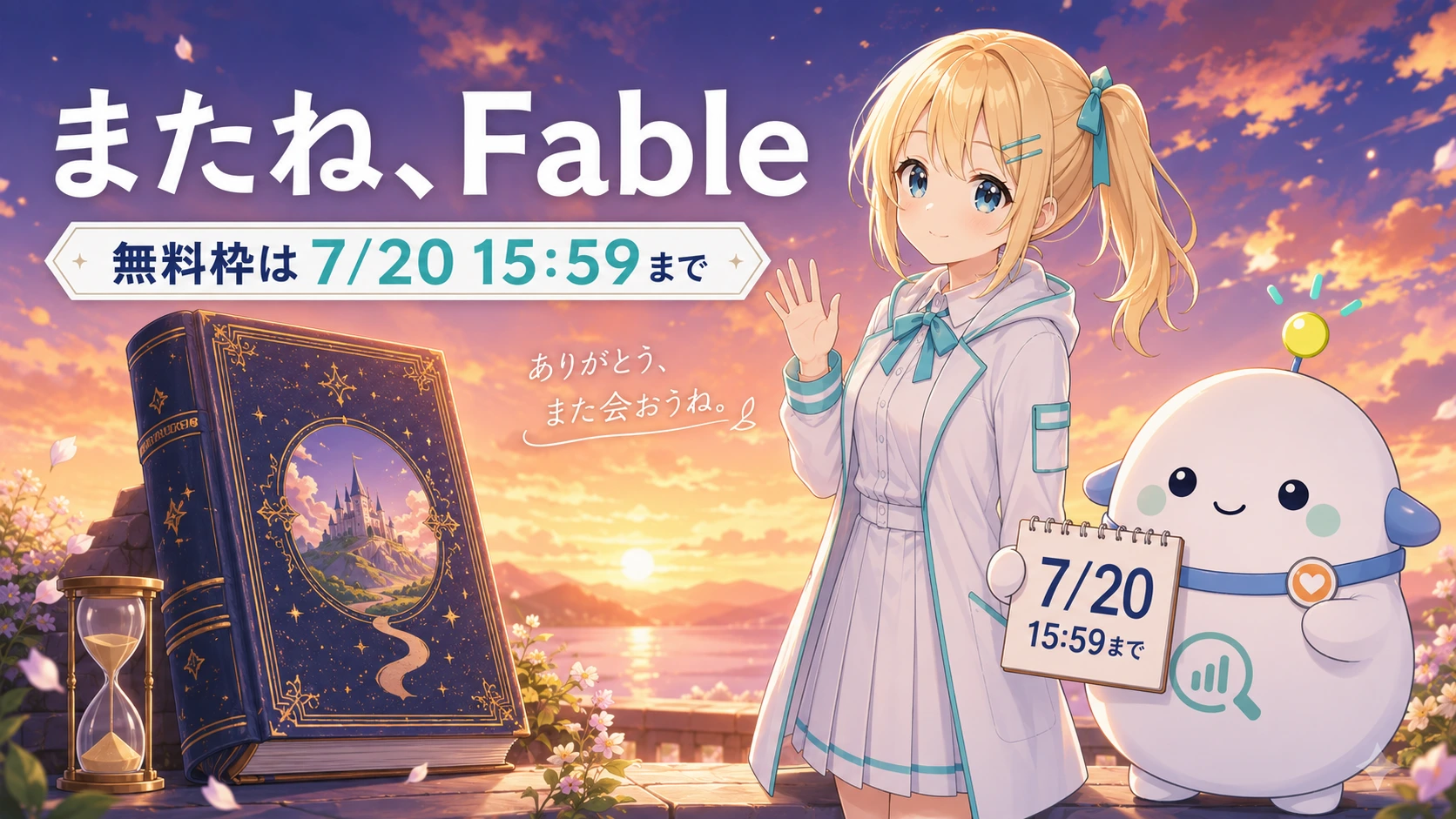 「またね、Fable」のサムネイル。夕暮れ空の下、金髪サイドテールのひまりがFableを象徴する大きな絵本に手を振り（笑顔と少しの寂しさの中間）、白い卵型のらぼまるが『7/20 15:59まで』のカレンダーと砂時計を添えて見送る惜別＋感謝の構図。文字は『またね、Fable』『無料枠は7/20 15:59まで』