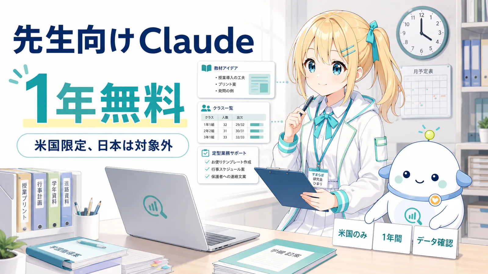 「先生向けClaude、1年無料」のサムネイル。放課後の教員作業スペースで、ひまりがノートPCで教材カードやクラス表、午後4時の定例タスクを見比べ、らぼまるが『米国のみ』『1年間』『データ確認』の3枚を整理する活用シーン型のイラスト