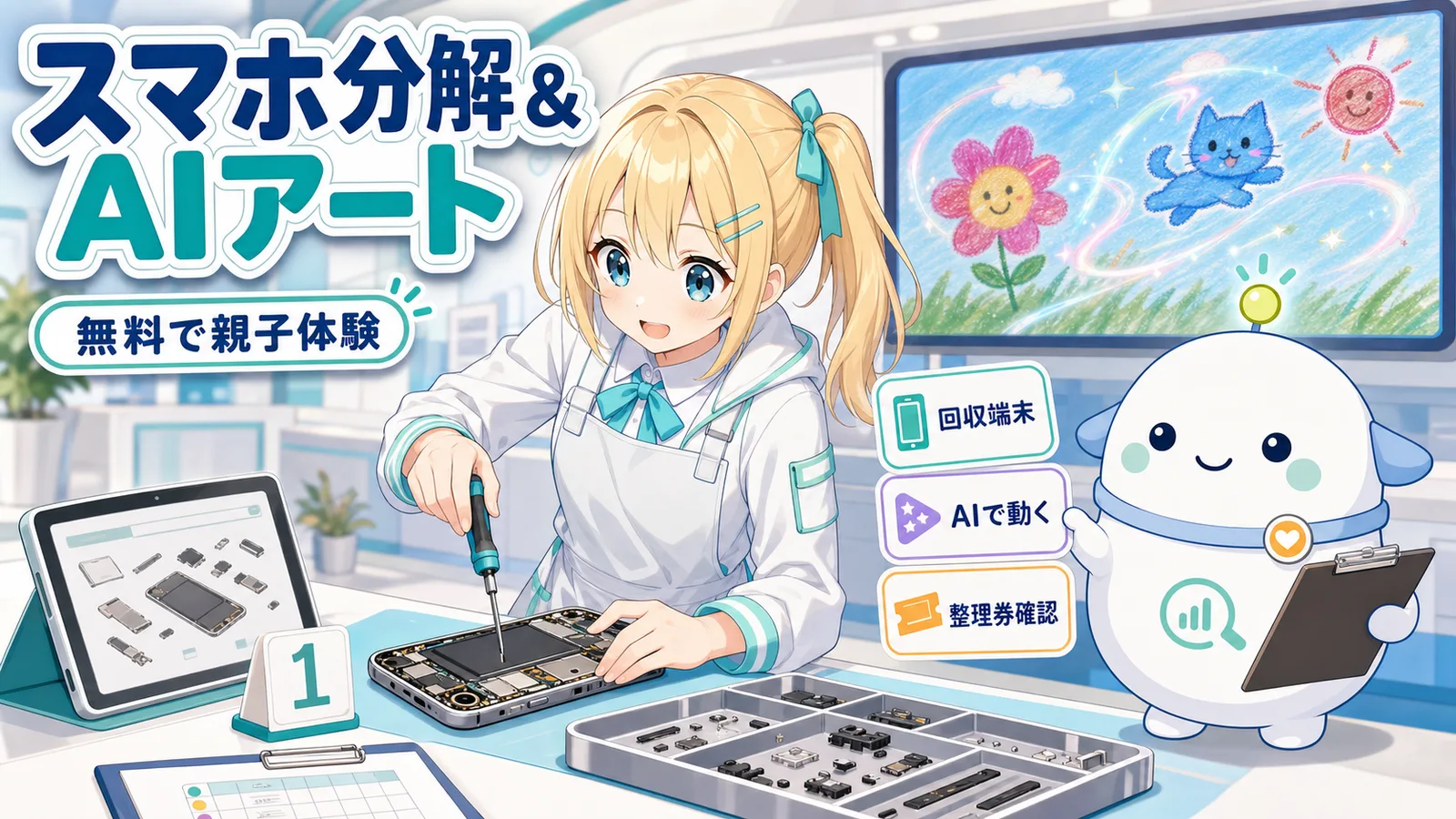 「スマホ分解＆AIアート、無料で親子体験」のサムネイル。ひまりが工具で回収スマホを分解し部品トレイを見て、らぼまるが『回収端末』『AIで動く』『整理券確認』の3枚カードを示す活用シーン型のイラスト