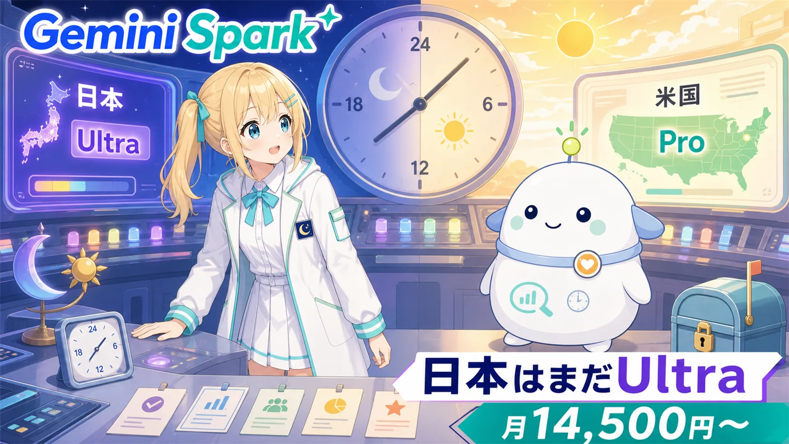 Gemini Sparkの提供条件を整理するサムネイル。夜から朝へ移る24時間司令室で、ひまりとらぼまるが日本はUltra、米国はProという地域差を見比べている