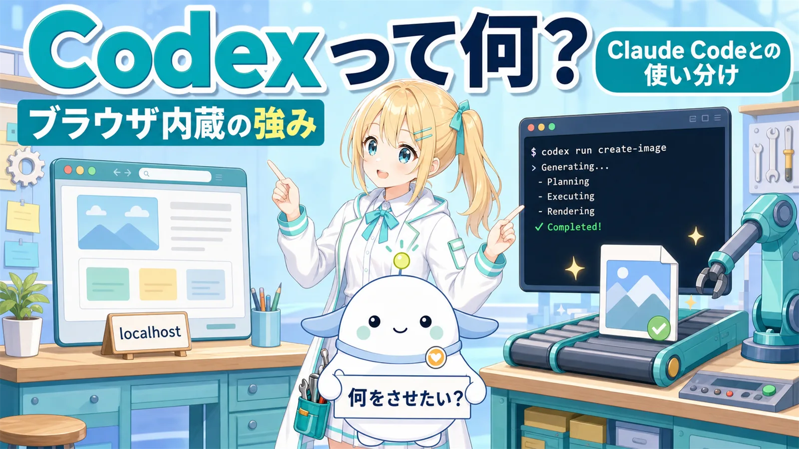Codexって何？をテーマに、金髪サイドテールのひまりが内蔵ブラウザの工房とコマンドで画像ファイルを直接保存する工房を見比べ、白い卵型のらぼまるが何をさせたいかで選ぼうと案内するサムネイル