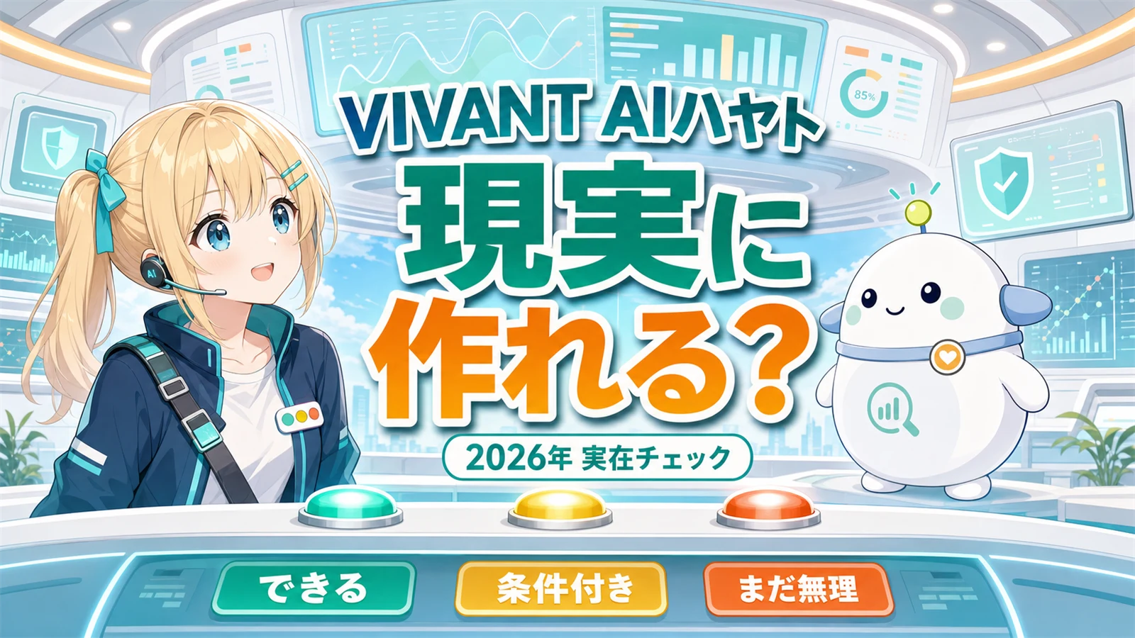 VIVANTのAIハヤトは現実に作れるかを、司令室風のオリジナル画面の前でひまりとらぼまるが3段階判定する図解