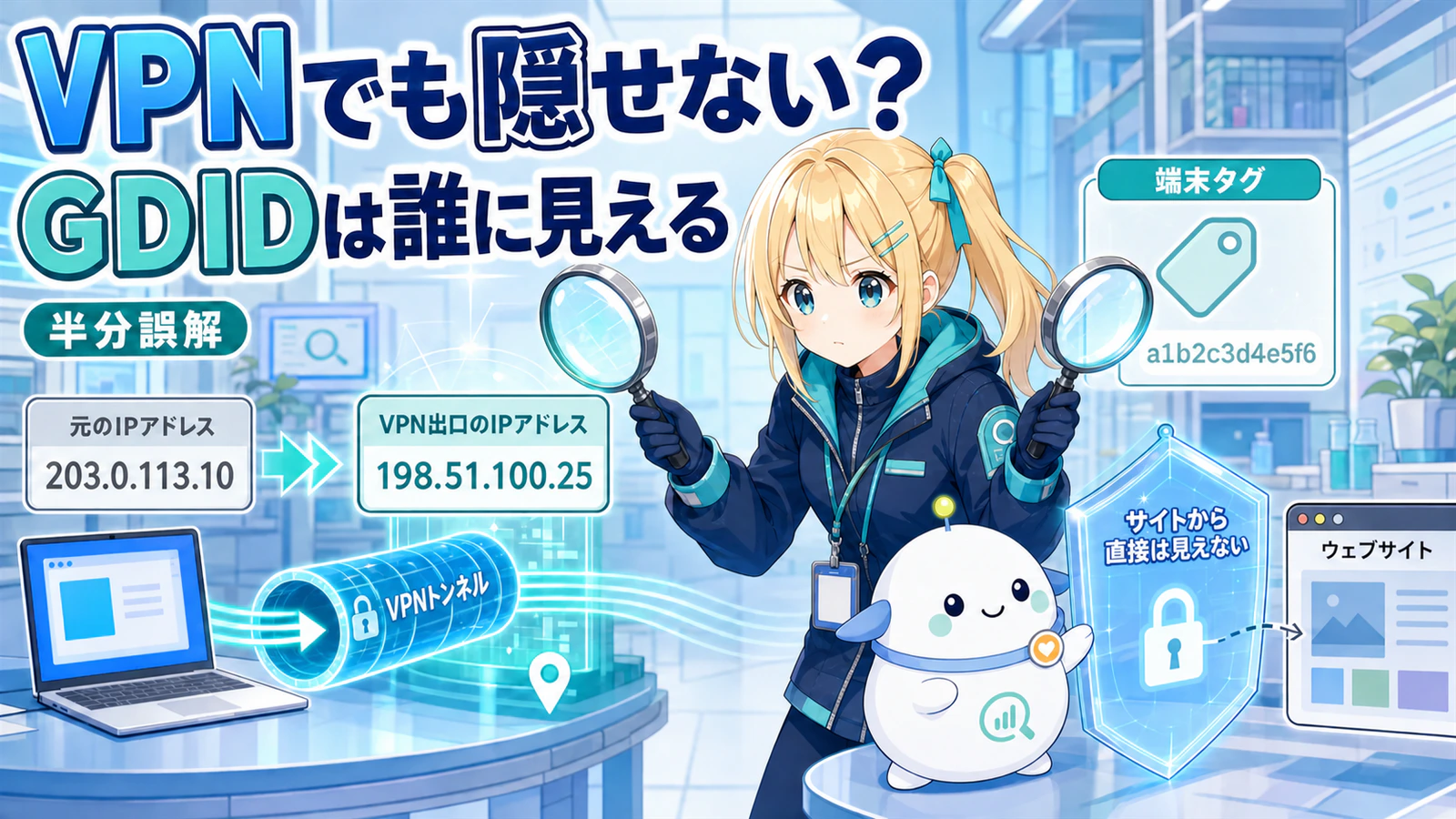 「VPNでも隠せない？ 半分誤解」のサムネイル。プライバシー調査員のひまりがVPNトンネルとWindows端末の識別タグを照合し、らぼまるが訪問先サイト・Microsoft・捜査機関の3層を仕分ける