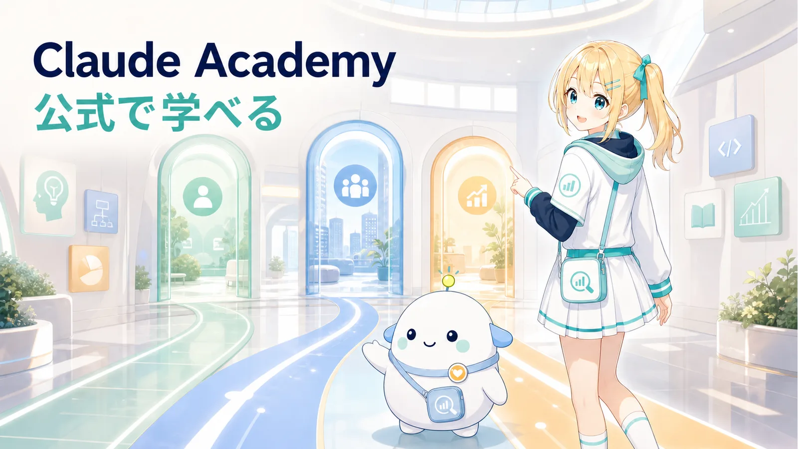明るい学習ギャラリーで、ひまりとらぼまるが個人・仕事・開発の3つの入口を見比べるサムネイル。『Claude Academy』『公式で学べる』と表示