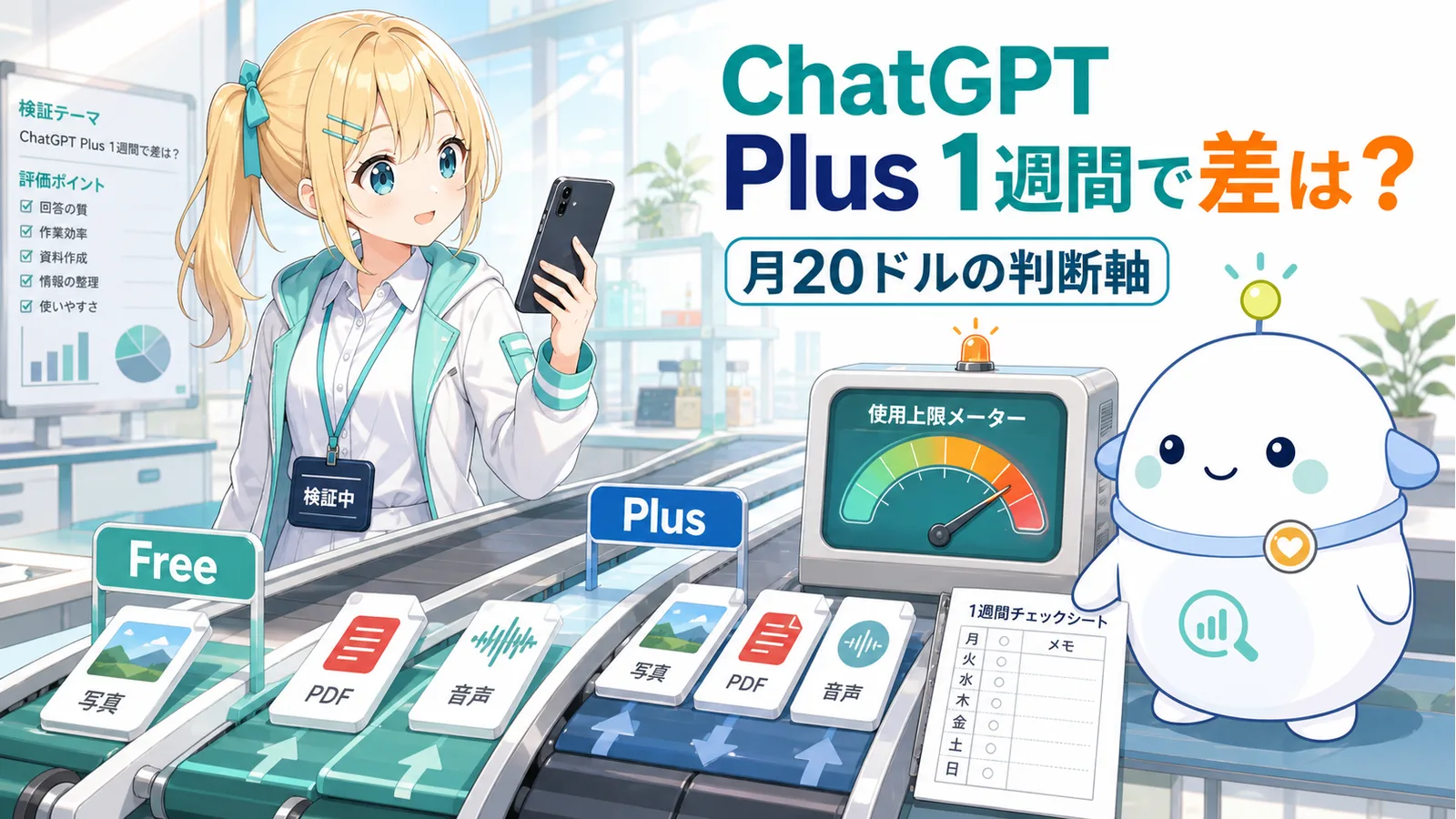 モバイル作業ラボでChatGPT FreeとPlusの作業レーンを使い、1週間の差を検証するひまりとらぼまる