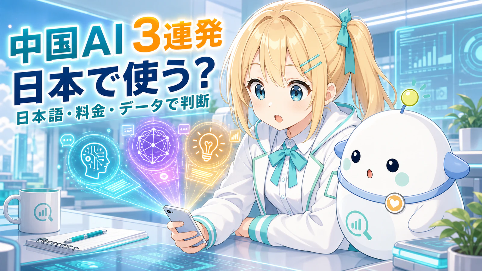 スマホで中国発のAIモデル3種を試して驚くひまりと、横から画面を覗き込むらぼまる