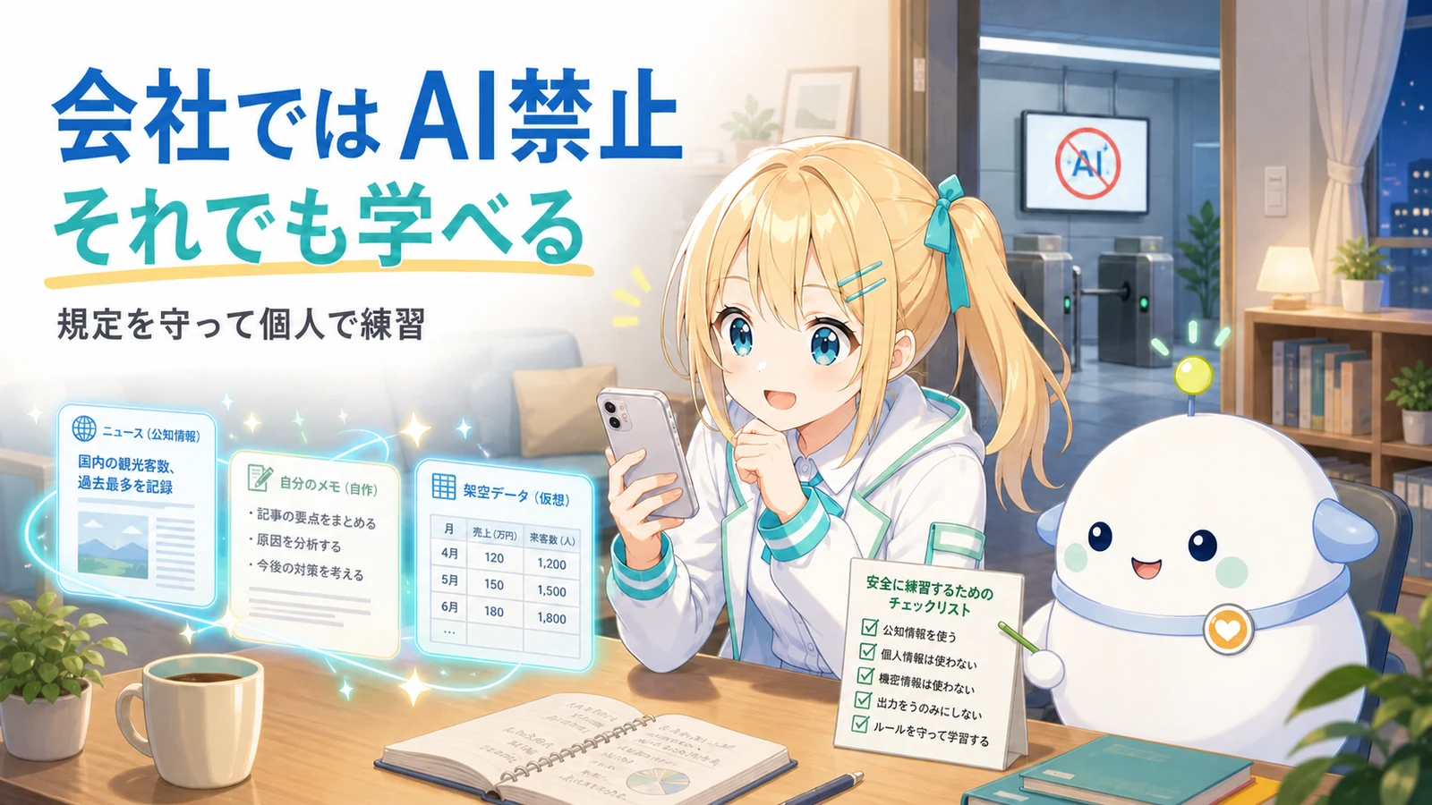 会社のAI禁止表示に戸惑うひまりが、帰宅後に私用スマホで公開情報を使ったAI練習を始め、らぼまるが安全確認する場面