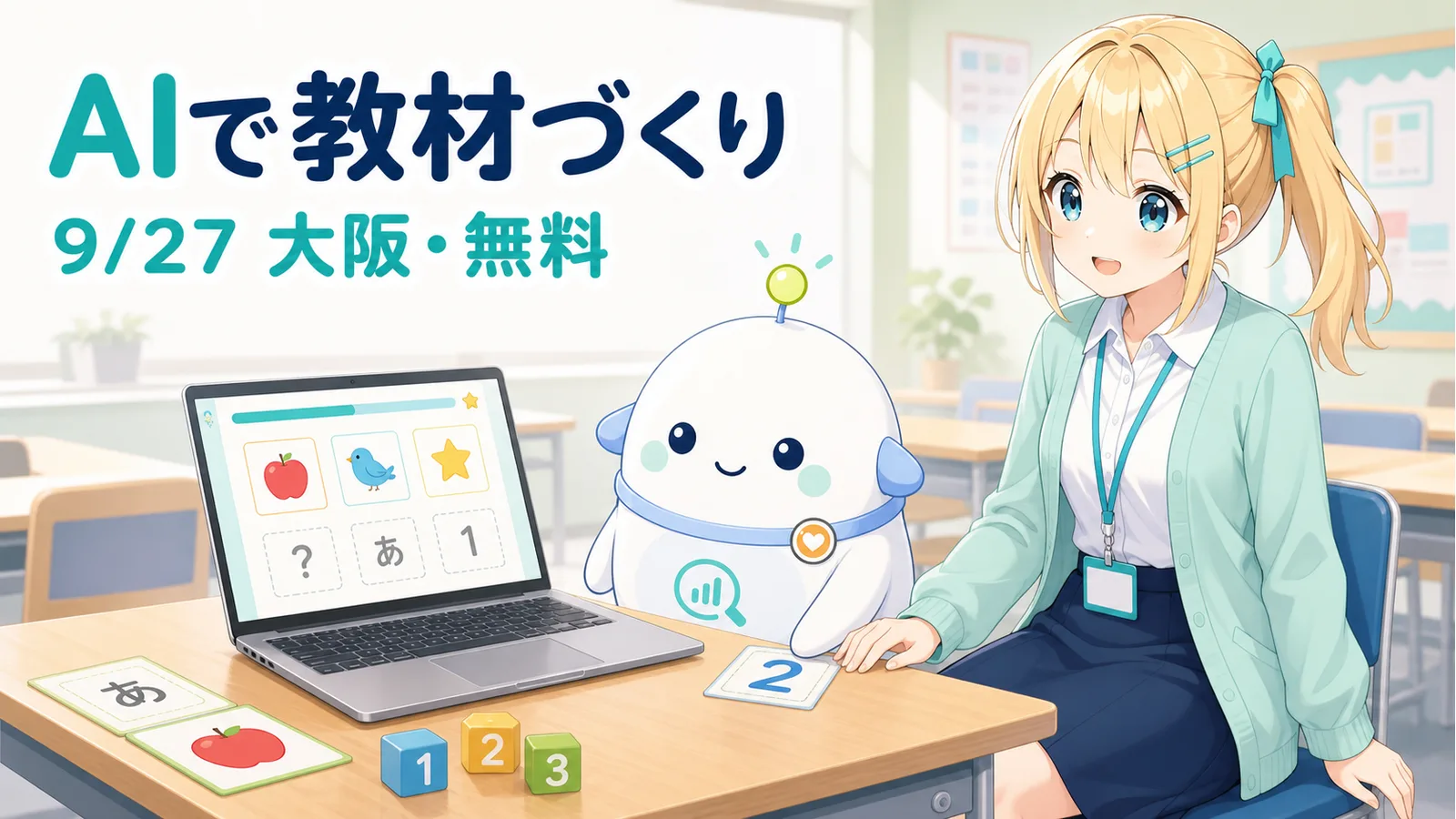 AIで教材づくり、9月27日大阪・無料の文字。教育ワークショップの机で、ひまりがノートPC上の教材案と文字カードや数字ブロックを見比べ、らぼまるも同じ画面を確認しているイラスト
