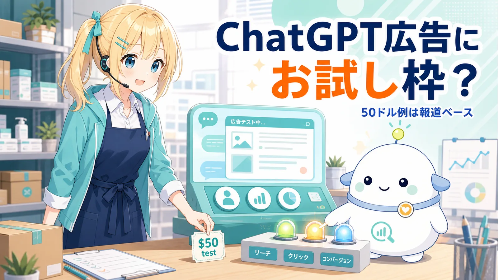 小規模ショップの広告テスト端末で50ドルのテスト券と計測ランプを確認するひまりとらぼまる。50ドル例は報道ベースと示したイラスト
