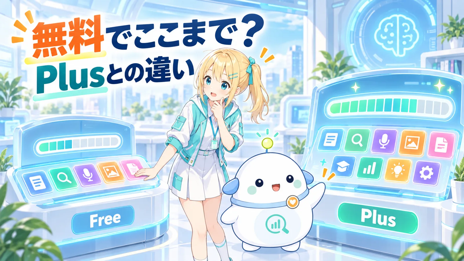 AIラボでFreeとPlusの操作台を見比べ、ChatGPTを無料でどこまで使えるか確かめるひまりとらぼまる