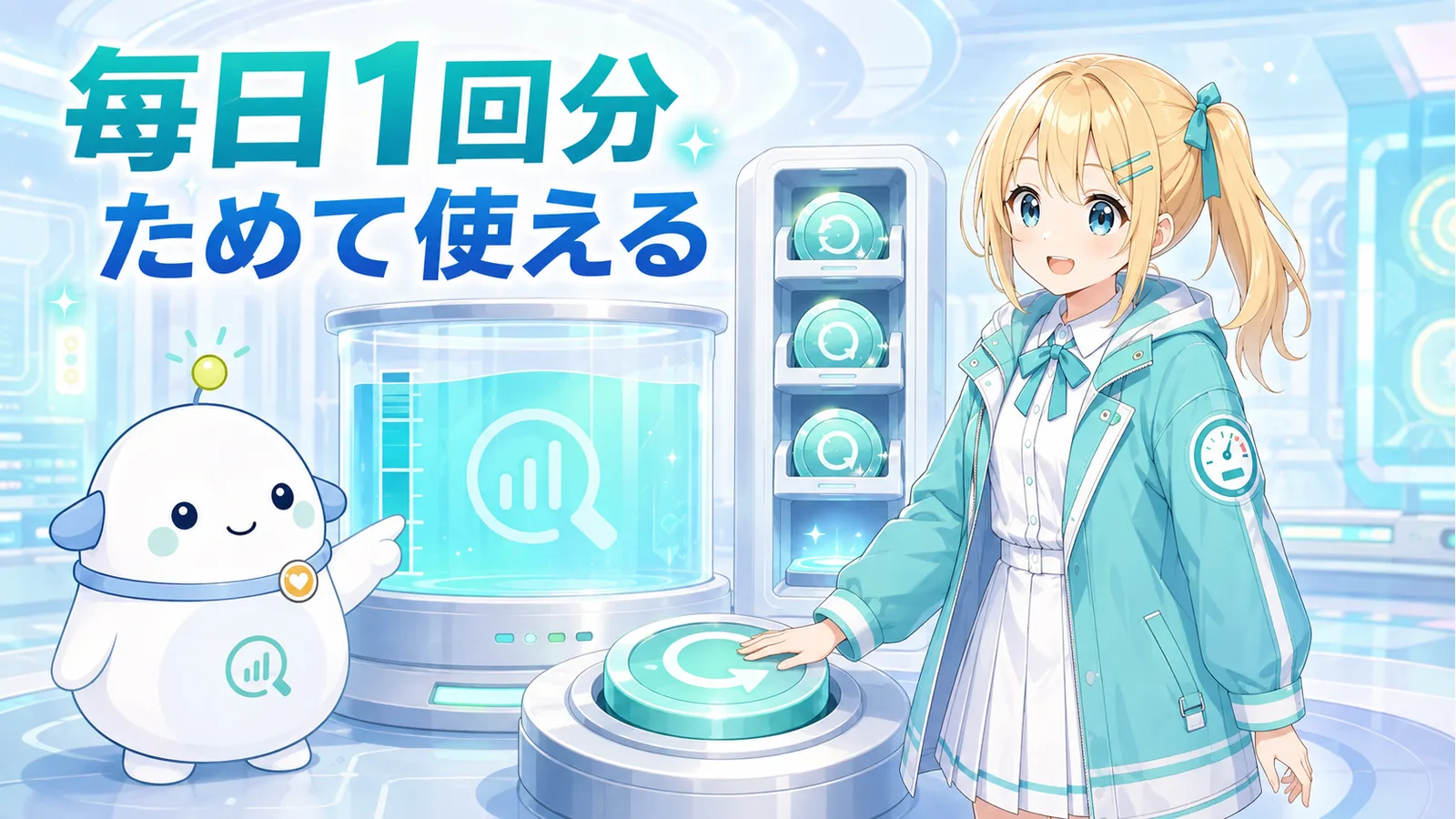 ひまりとらぼまるがデジタル利用枠のチャージ装置で、Astra待ちの間に付く毎日1回分の保存型リセット権を確認するイラスト