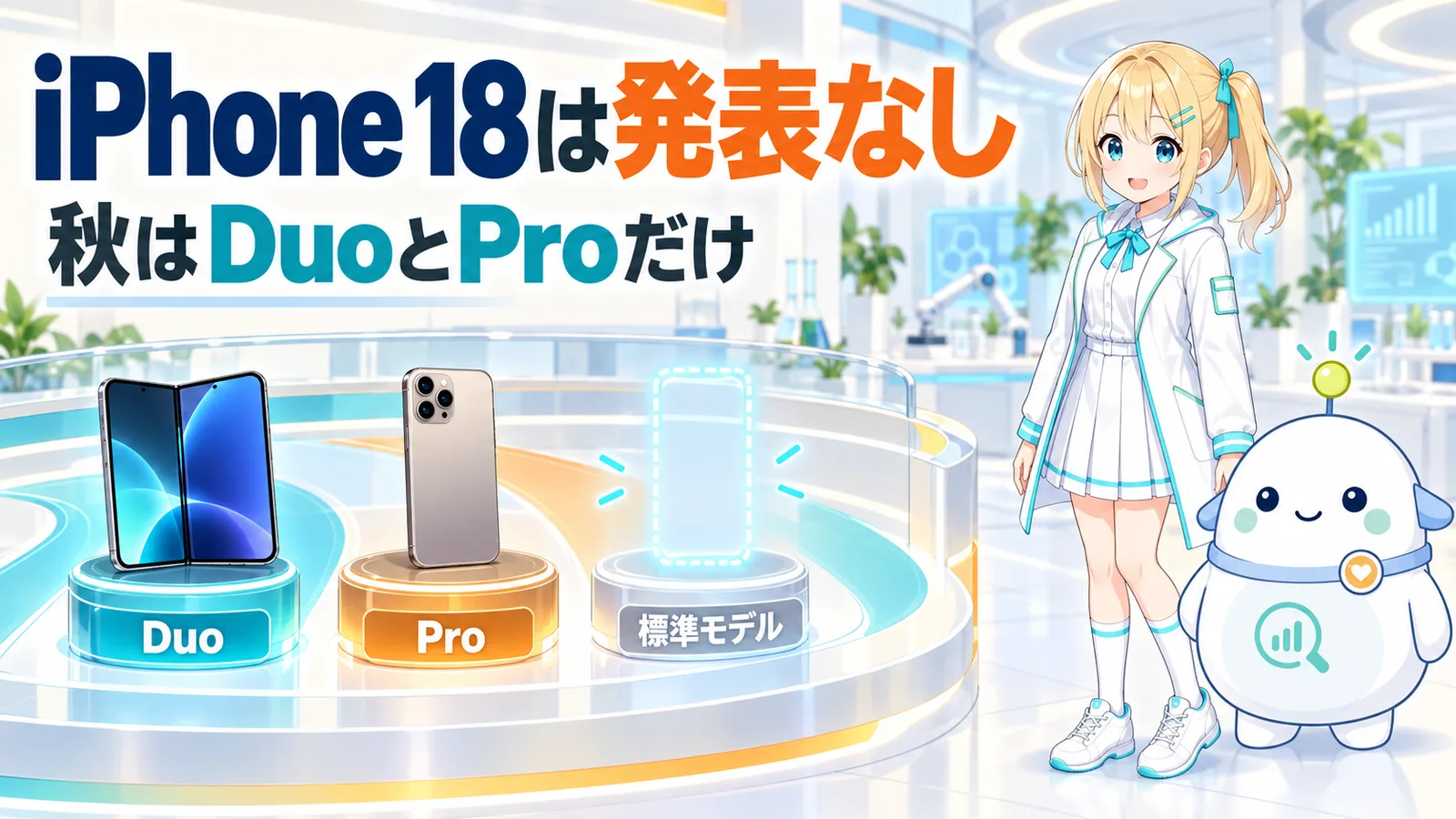 iPhone DuoとProの展示台、その隣に標準モデルの空席があり、ひまりとらぼまるが見守る図解
