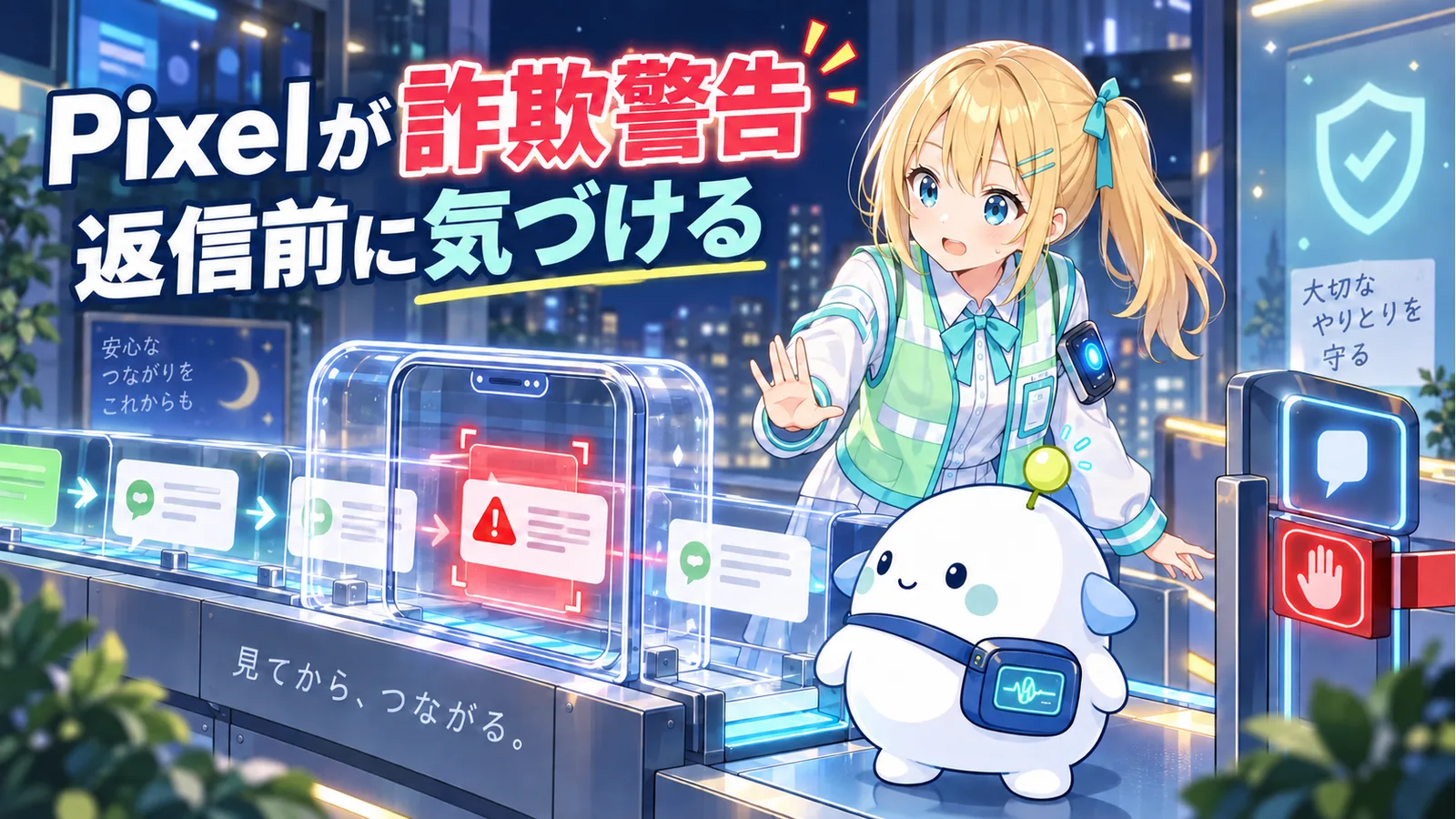 夜の通知セーフティステーションで、返信前の詐欺警告を確認するひまりとラボまる
