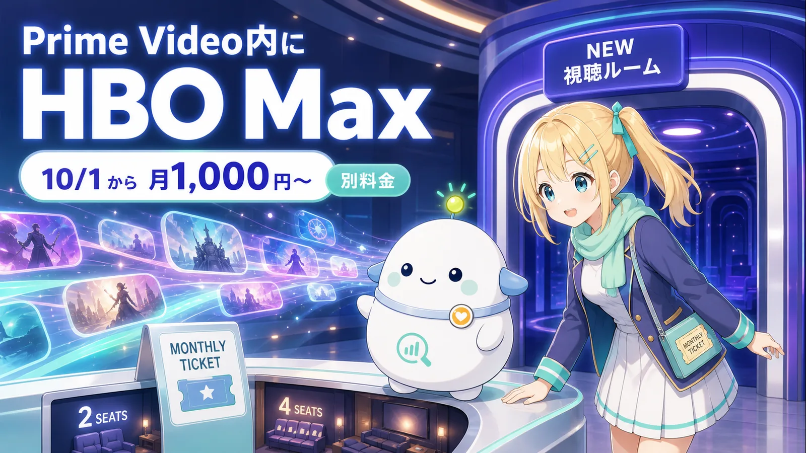 動画サブスク映画館の中央ロビーで、ひまりとらぼまるがPrime Video内に加わるHBO Maxの新しい視聴室と月額チケットを確認するサムネイル。『10/1から 月1,000円〜』『別料金』と表示