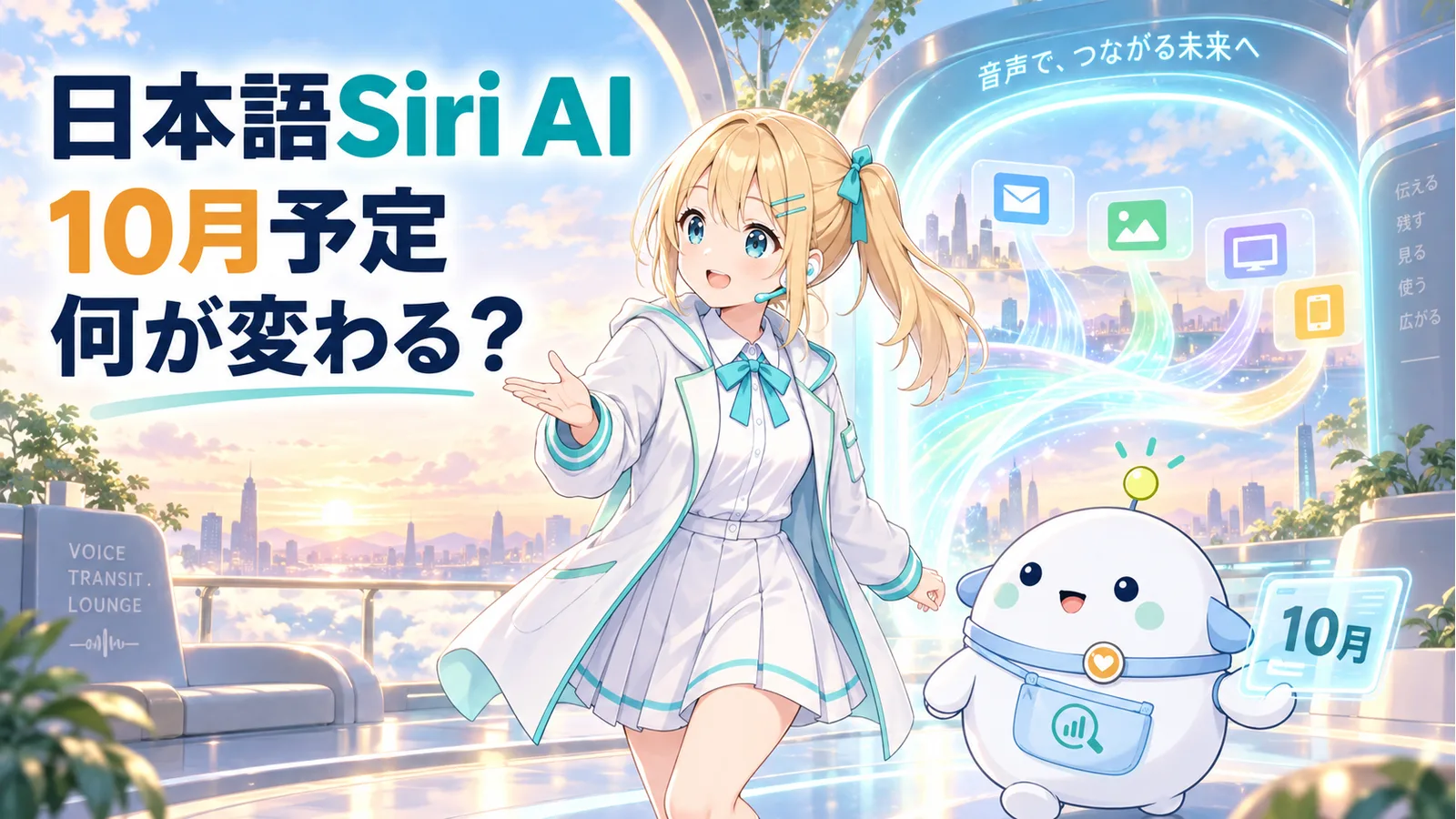 音声でつながる未来のラウンジで、日本語Siri AIの10月予定を案内するひまりとラボまる