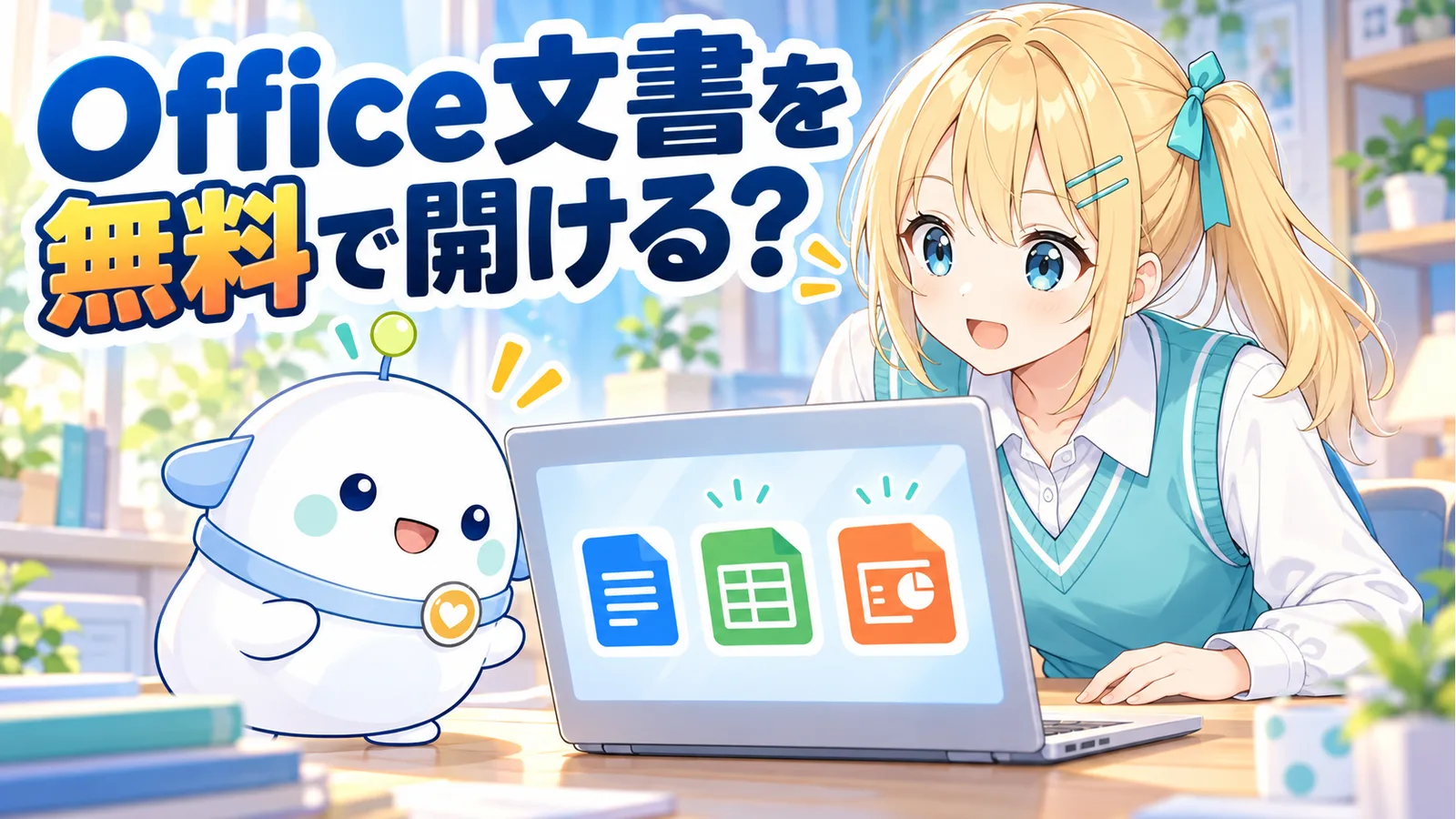 文書・表・スライドのアイコンが並ぶノートPCを、ひまりとらぼまるが家の作業机で確かめるイラスト