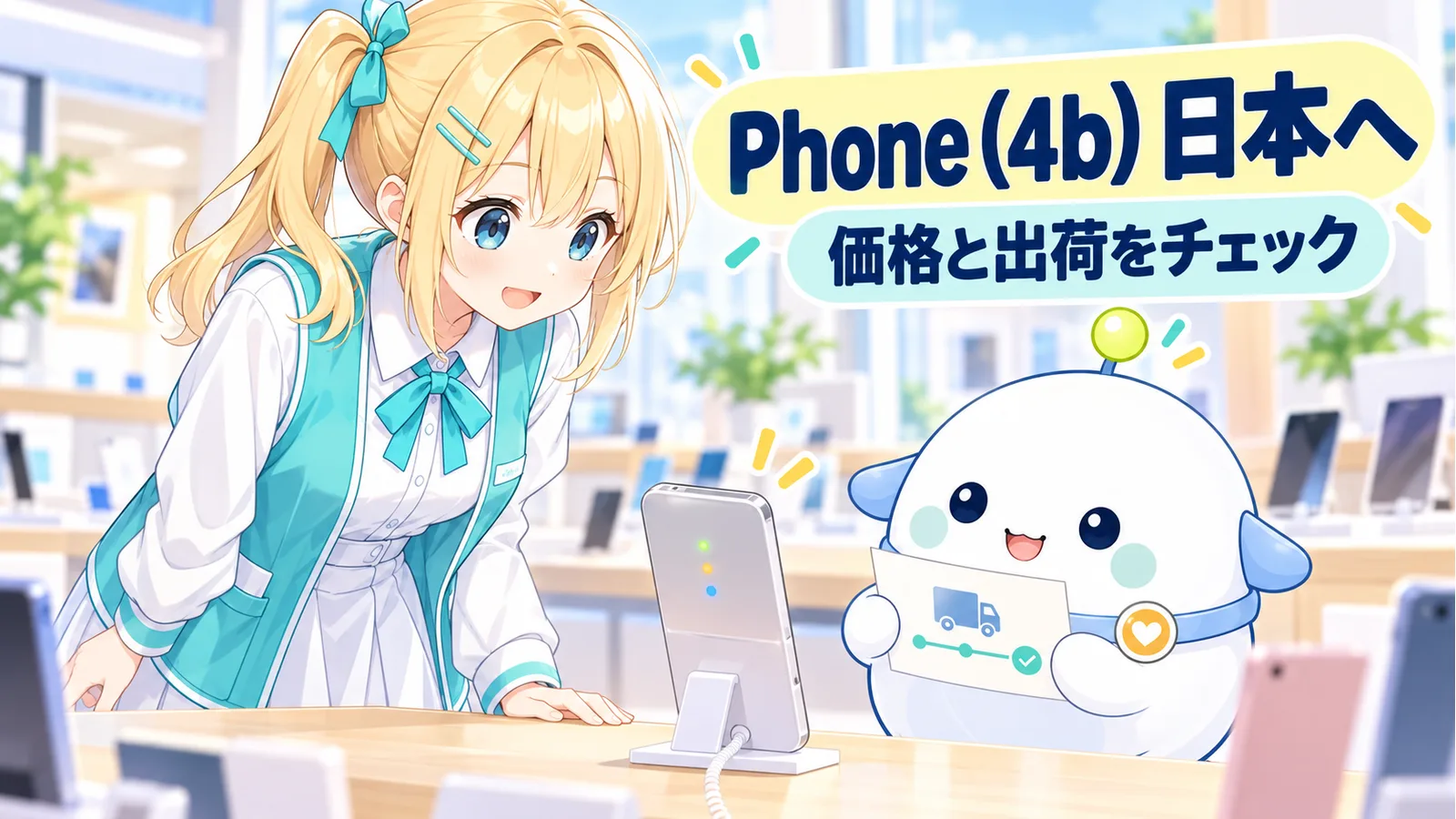 スマホ売り場の比較台で、背面が光る端末と配送表示をひまりとらぼまるが確かめるイラスト