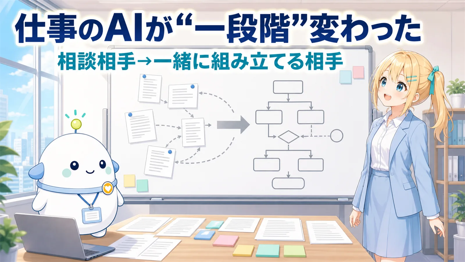 仕事のAIが一段階変わったをテーマに、オフィスでひまりが複数の書類からフロー図を組み立て、らぼまるが相談から共同作業への変化を示すサムネイル