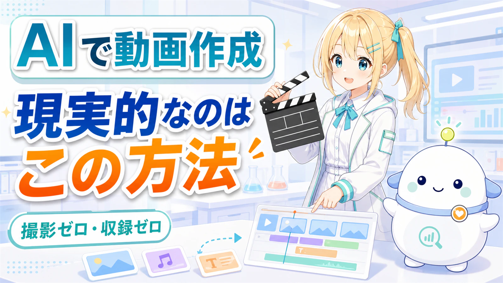 AIで動画作成の現実的な方法をテーマに、白衣のひまりがクラッパーボードと編集タイムラインを示し、らぼまるが撮影ゼロ・収録ゼロで素材を組み立てる流れを案内する図解