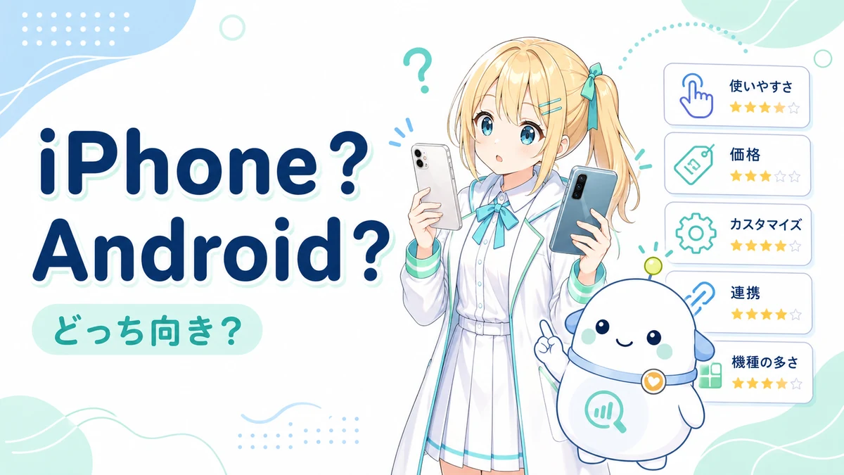 iPhoneとAndroidのどちらが向いているかを、ひまりとらぼまるが2台のスマホを見比べながらやさしく整理しているイメージ
