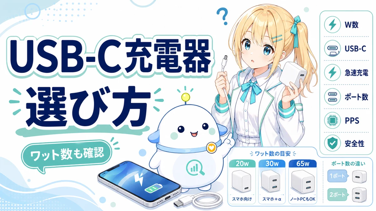 USB-C充電器のワット数やポート数の違いを、ひまりとらぼまるがスマホと充電器を見ながらやさしく整理しているイメージ